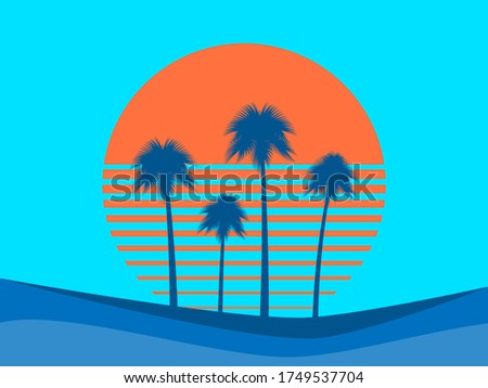 Tropical landscape with palm trees on a background of sea sunset. 
80s Retro style. Background for advertising, poster and banner. Vector illustration