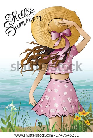 Girl standing in a straw hat and looking at the sea. Vector illustration.