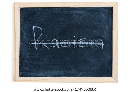 Stop racism - written on chalkboard. Concept message for kid inspiration. Top view