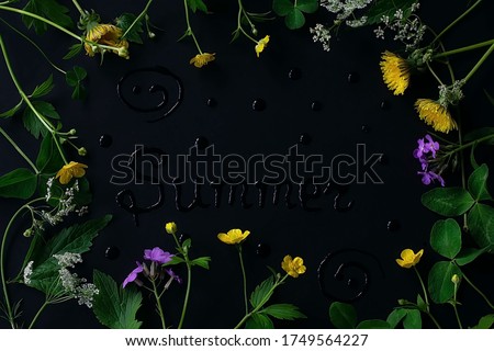 The frame is created from different flowers and leaves on a black background, in the center of the letter summer , top view. Greeting card in the style of colorful summer