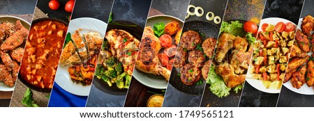 Collage of various food. Meat dishes. Meatballs, nuggets, chicken wings, chicken. Royalty-Free Stock Photo #1749565121