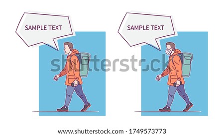 Food delivery man with medical mask vector illustration. Delivery man with thermo backpack (bag) and respiratory mask graphic design concept.
