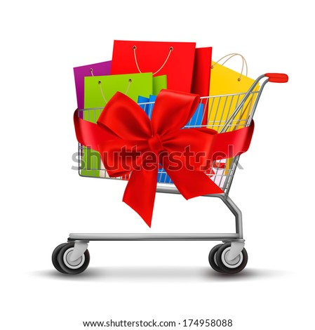 Shopping cart full of shopping bags and a gift bow. Concept of discount. Vector. 