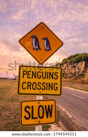 Penguin crossing sign at Oamaru in the South Island of New Zealand. Omaru is home to the blue penguin.