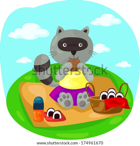 illustration of cartoon raccoon eating picnic food 