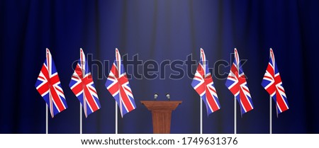 Press conference of premier minister of Great Britain concept, Politics of Great Britain. Podium speaker tribune with  Great Britain flags and coat arms. 3d rendering
