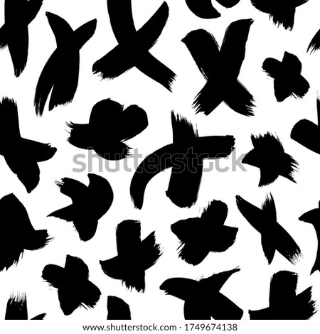 Grunge crosses with brush strokes vector seamless pattern. Black paint freehand scribbles, dry brush stroke texture. Chaotic rough smears. Crossing black and white elements. Hand drawn grunge texture