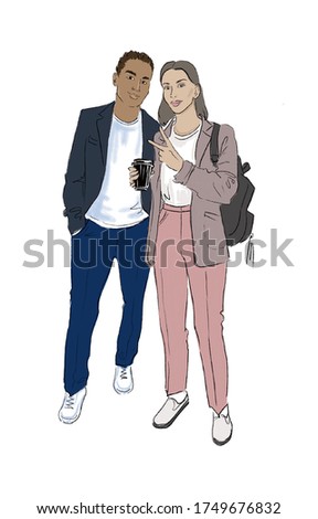 smiling man and woman with a drink in hand shows a peace sign illustration for decor and mood 