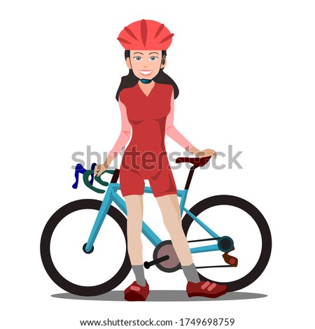 Beautiful girl cyclist Wear a cycling suit Standing with a road bike.Isolated on white.A bicycle on white..Eco transport.Cute design for t shirt print, icon, logo, label patch or sticker.