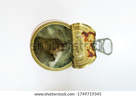 Metal can with mold. Mold. Macro photo. Texture of gray mold on an organic surface. Mold on tomato paste close-up. The lid of a metal can. White background