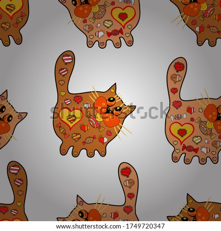 Vector. Village pattern for textile and fabric. Draught at orange, white and yellow versicolors. Simple feminine pattern for invitation, card, print. Seamless book page with doodles pattern nice cat.