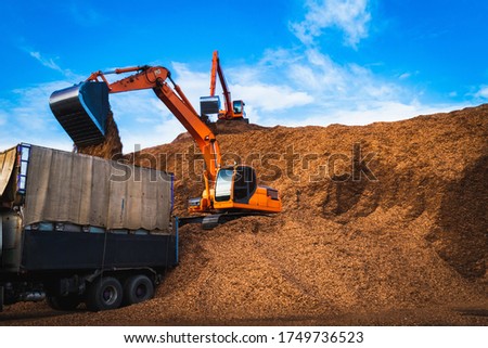 Backhoe standing on big pile of wood chips loading up into truck. Woodchips raw material storing and transportation. 