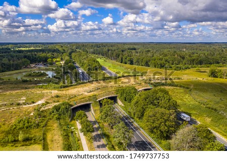 Aerial view of Ecoduct wildlife crossing at Dwingelderveld National Park, Beilen, Drenthe, The Netherlands Royalty-Free Stock Photo #1749737753