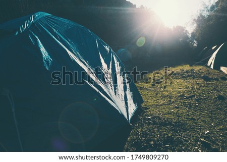 Camping tents at dawn, outdoor activities, travel equipment, morning sunlight.