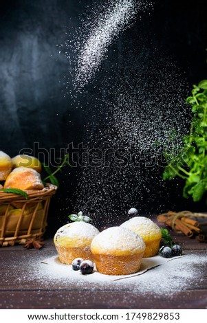 cupcakes with mint and blackcurrant leaves in powdered sugar on a black background, a wooden basket with cupcakes and blackcurrants . levitation of powdered sugar on muffins.