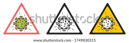Three Triangle Signs Caution Warning Coronavirus COVID-19. Pandemic Infographic. Vector Flat Icons for Web, App, UI, Banners, Stickers, Posters, Isolated on a White Background.