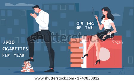 Nicotine addiction flat composition with cityscape background and editable text with smoking male and female characters vector illustration