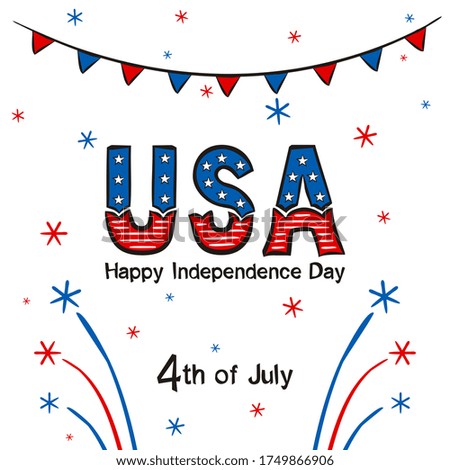 Happy Independence Day postcard. Lettering for Independence Day of the United States of America. Logo by July 4th in national colors of the USA. Vector illustration for greeting card in doodle style.