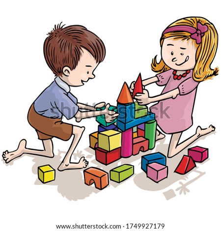 Vector illustration, kids playing with blocks, cartoon concept.