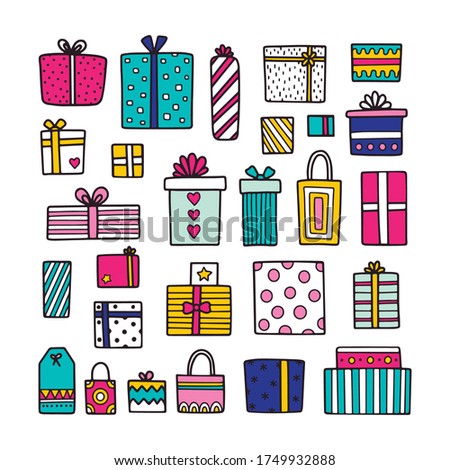 Vector set of gifts. Hand drawn boxes and packs with wrapping paper and bows. Illustration in doodle style. Elements in bright colors. Isolated.