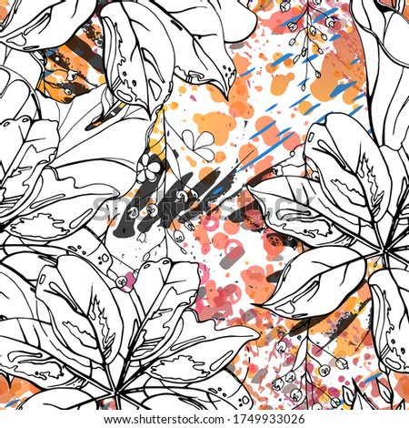 Floral Black and White Seamless Pattern. Modern Artistic Watercolor Print. Fashion Outline Flowers Surface. Botanic Vector Motif on Ink Stains Texture. Drawing Abstract Leaf. Trend Tropic Background.