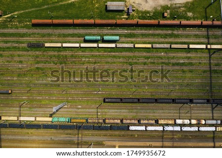 aerial photography of railway tracks and cars.Top view of cars and Railways.Minsk.Belarus