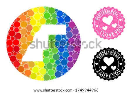 Vector mosaic LGBT map of Western Sahara with round blots, and Love scratched stamp. Stencil round map of Western Sahara collage designed with circles in different sizes,