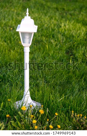 Lights on lawn. Shines with decorative light. Lanterns along path. Garden design in backyard with lawn to copy space. Small solar garden light, lanterns