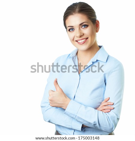 Business woman thumb up show white background isolated portrait. Businesswoman.