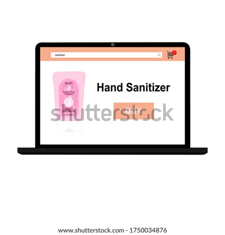 Laptop with hand sanitizer tybe and buy button on the screen. Contactless online purchase of goods. Liquid or gel pump bottle. Diseases prevention. Home delivery.