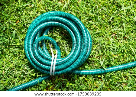Watering hose on the lawn in the garden