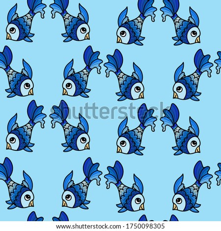 Seamless pattern with blue fishes on a blue background. Use for fabric, wrapping paper, wallpaper, print, backdrops, baby clothes, napkins, bags, merchandise, clothing, and artwork.