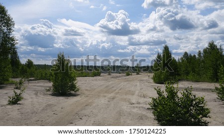 a wide gray dirt road between green trees and a blue sky with white clouds