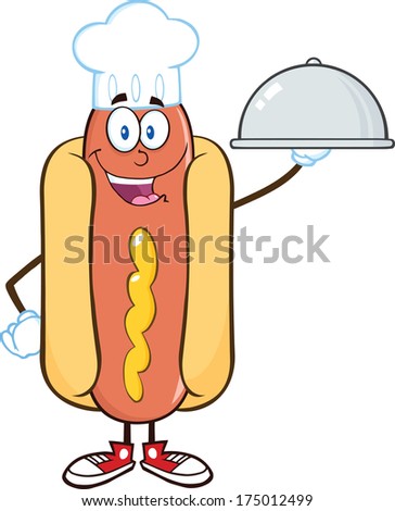 Happy Hot Dog Chef Cartoon Mascot Character With A Cloche Platter. Vector Illustration Isolated on white