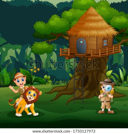 Zookeeper kids playing with lion under the treehouse
