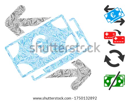 Line collage Euro banknotes payments icon organized from thin items in variable sizes and color hues. Linear items are organized into abstract vector collage Euro banknotes payments icon.