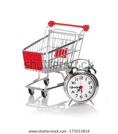 Buying time concept with clock and shopping cart