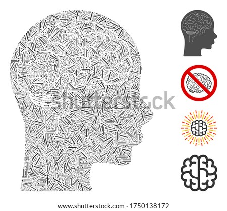 Hatch mosaic brain icon composed of narrow items in different sizes and color hues. Line items are composed into abstract vector collage brain icon. Bonus pictograms are added.