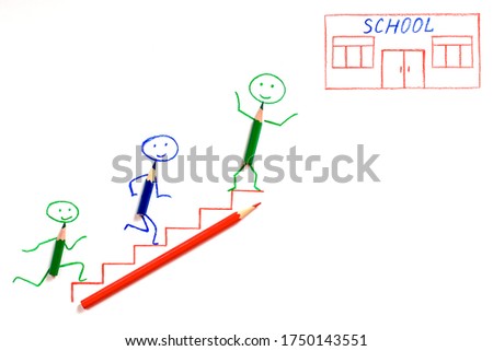 Back to school concept. Kids, children are made of pencils running into the school on white background. Copy space.