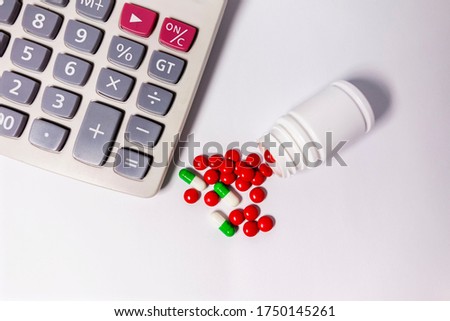 There are calculators and medicine on the white background