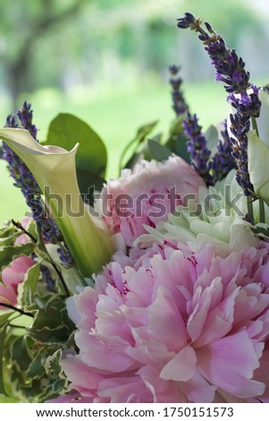 details of tender spring bouquet on a table  garden, defocused background
