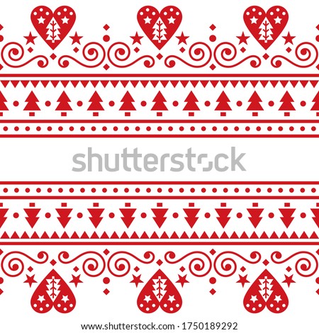 Christmas festive vector greeting card design - Scandinavian traditional embroidery folk art style pattern with Christmas trees, hearts and swirls. Christmas festive vector greeting card design 