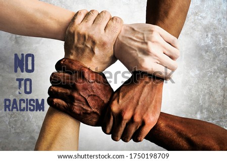 No to racism, the intricacy and unity of hands between races of different colors, to spread love and peace and distance from racism Royalty-Free Stock Photo #1750198709