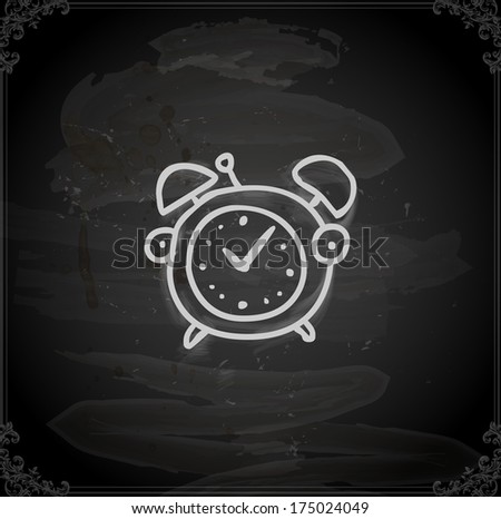 Alarm Clock. Cute Hand Drawn Vector illustration, Vintage Blackboard Texture Background. Chalkboard illustration variant.
