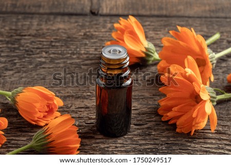 A dark bottle of essential oil with orange calendula flowers