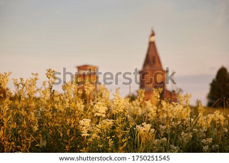 Blurred silhouette of two churches on the background of fresh green grass in the bright sunset light