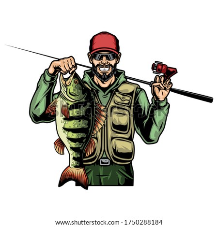 Fisherman holding perch and fishing rod in vintage style isolated vector illustration
