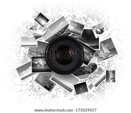 Camera lens against light background. Photography business