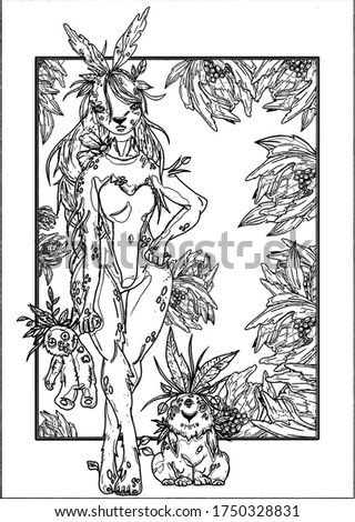 Fairytale rabbit girl with loose hair and leaf like ears, long legs and wide hips, holding a stuffed toy in her hand in surrounded by flowers, with funny leafy little rabbit sitting next to her.