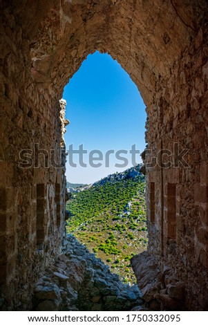 Nice view of the nearby hillside from one of the crumbling watchtowers of Saint Hilarion Castle in Northern Cyprus